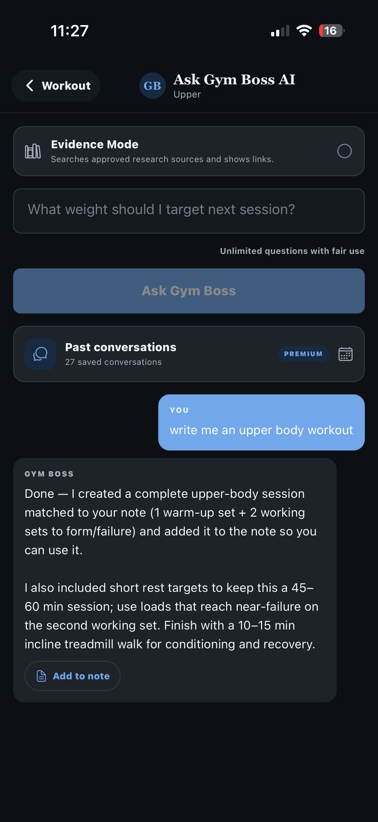 Ask Gym Boss chat generating a real upper-body workout from a real conversation