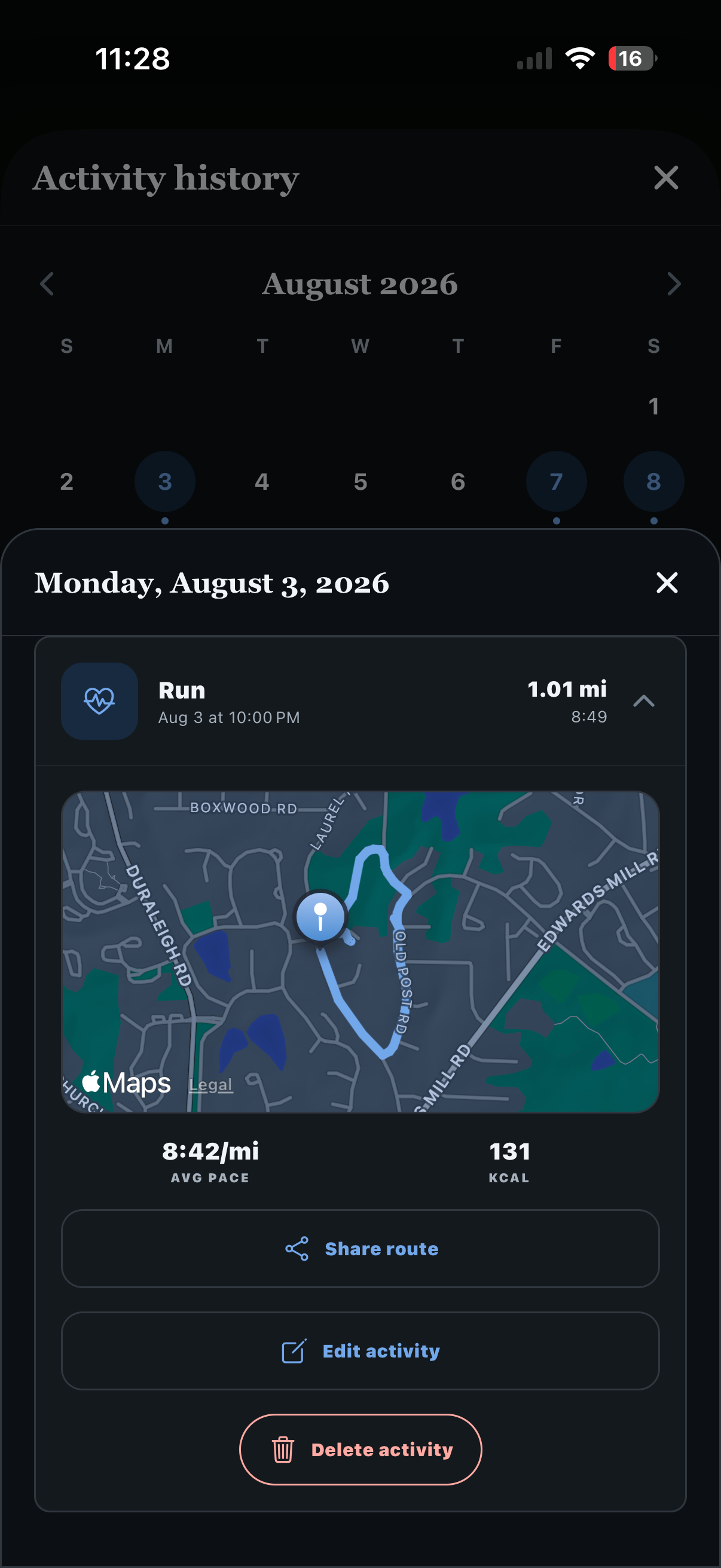 Gym Boss cardio activity history with a real GPS route