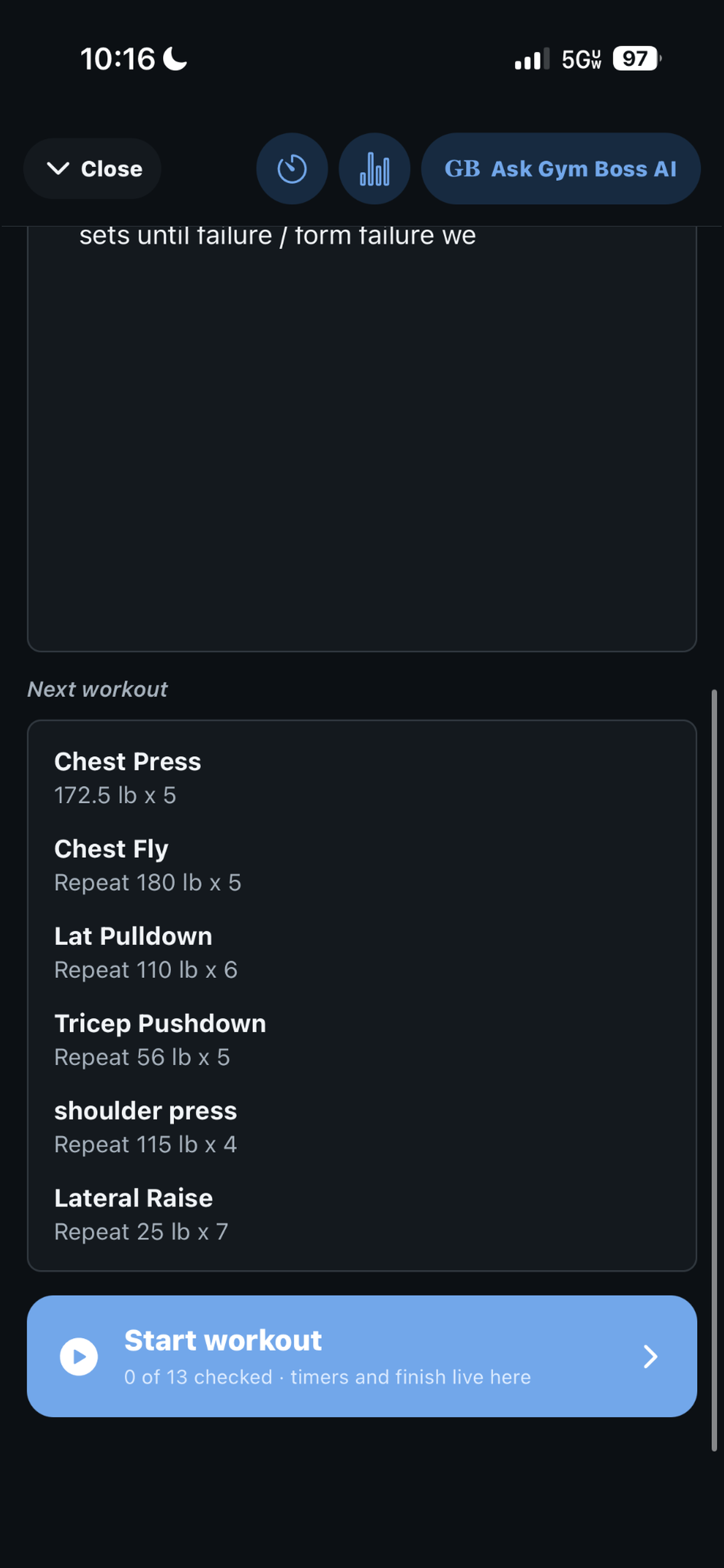 Gym Boss Next Workout card showing a targeted weight and rep recommendation