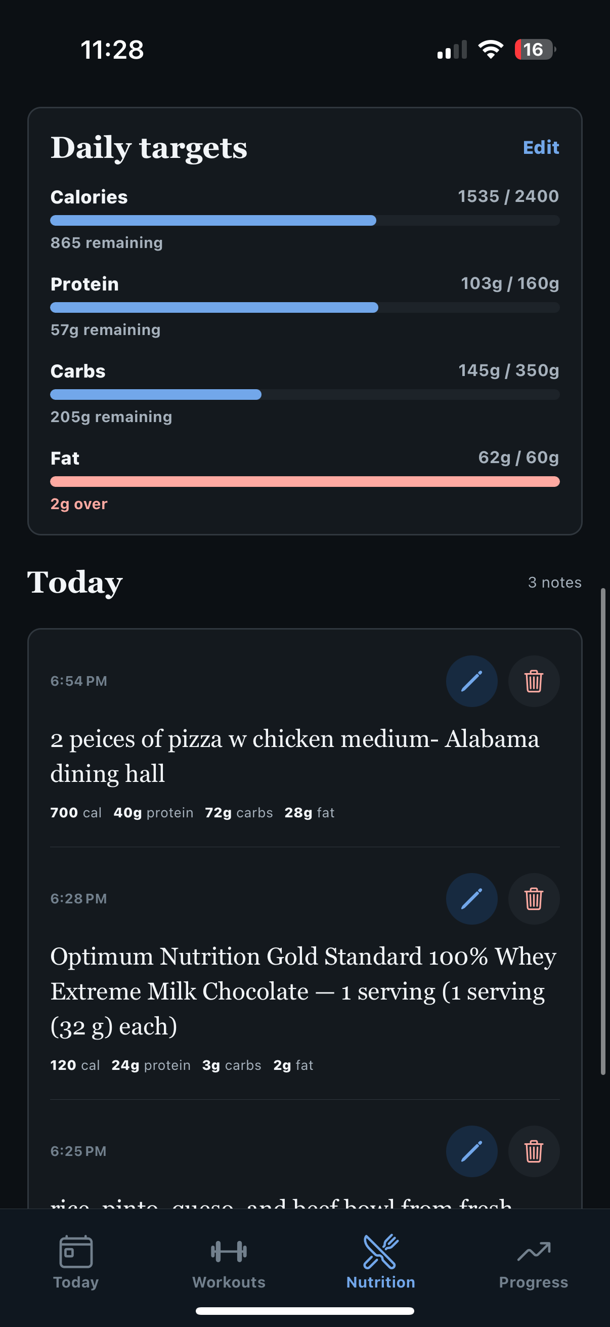 Gym Boss daily nutrition targets and today's logged food