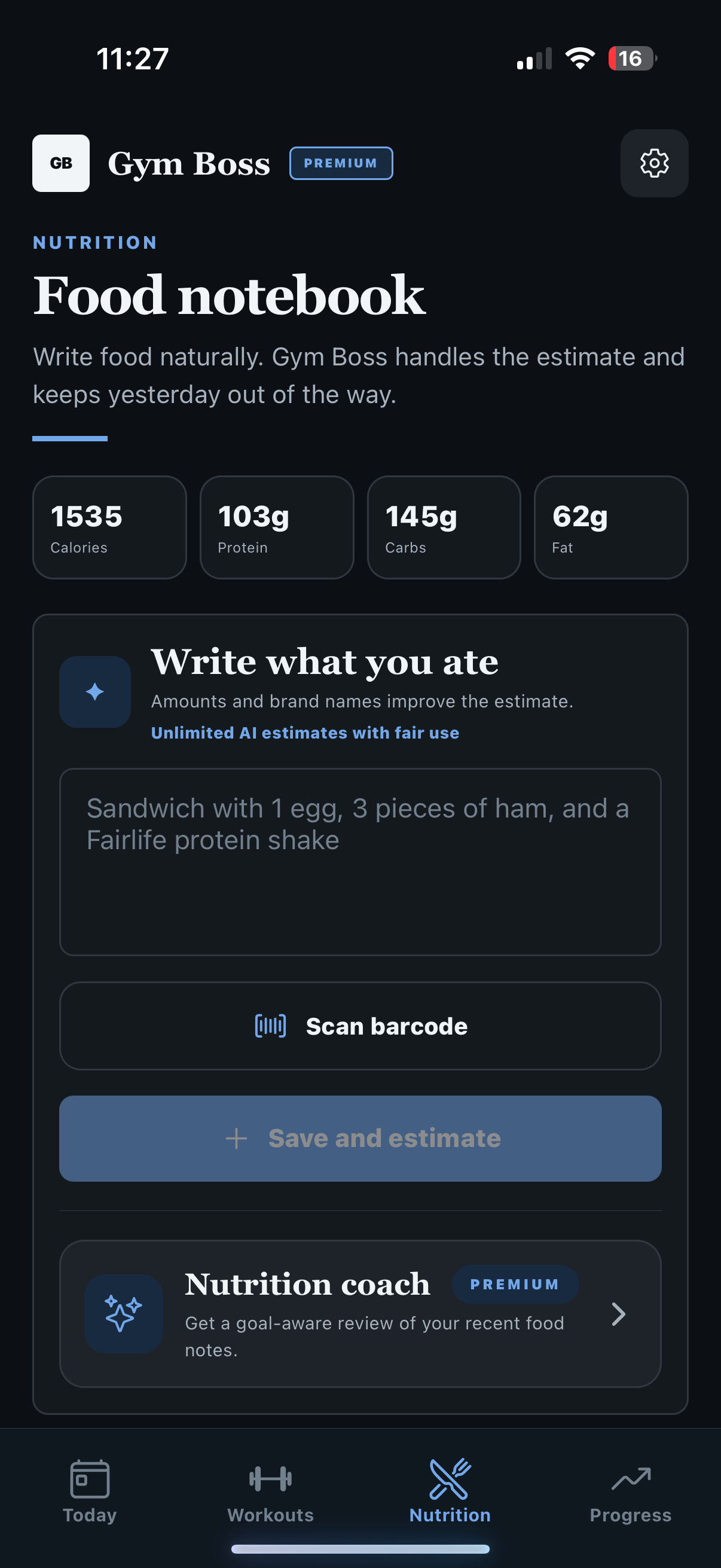 Gym Boss food notebook with barcode scanning