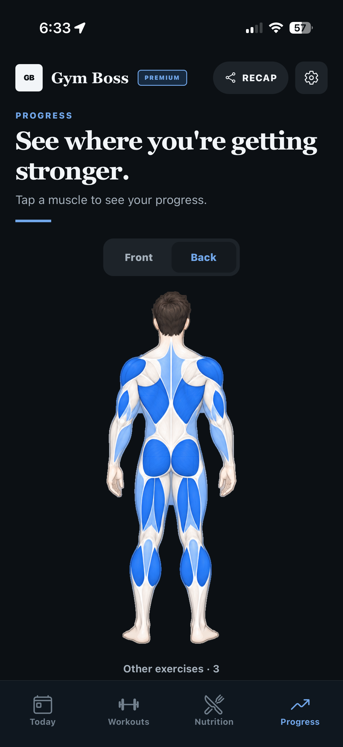 Gym Boss Progress screen showing the back strength body map