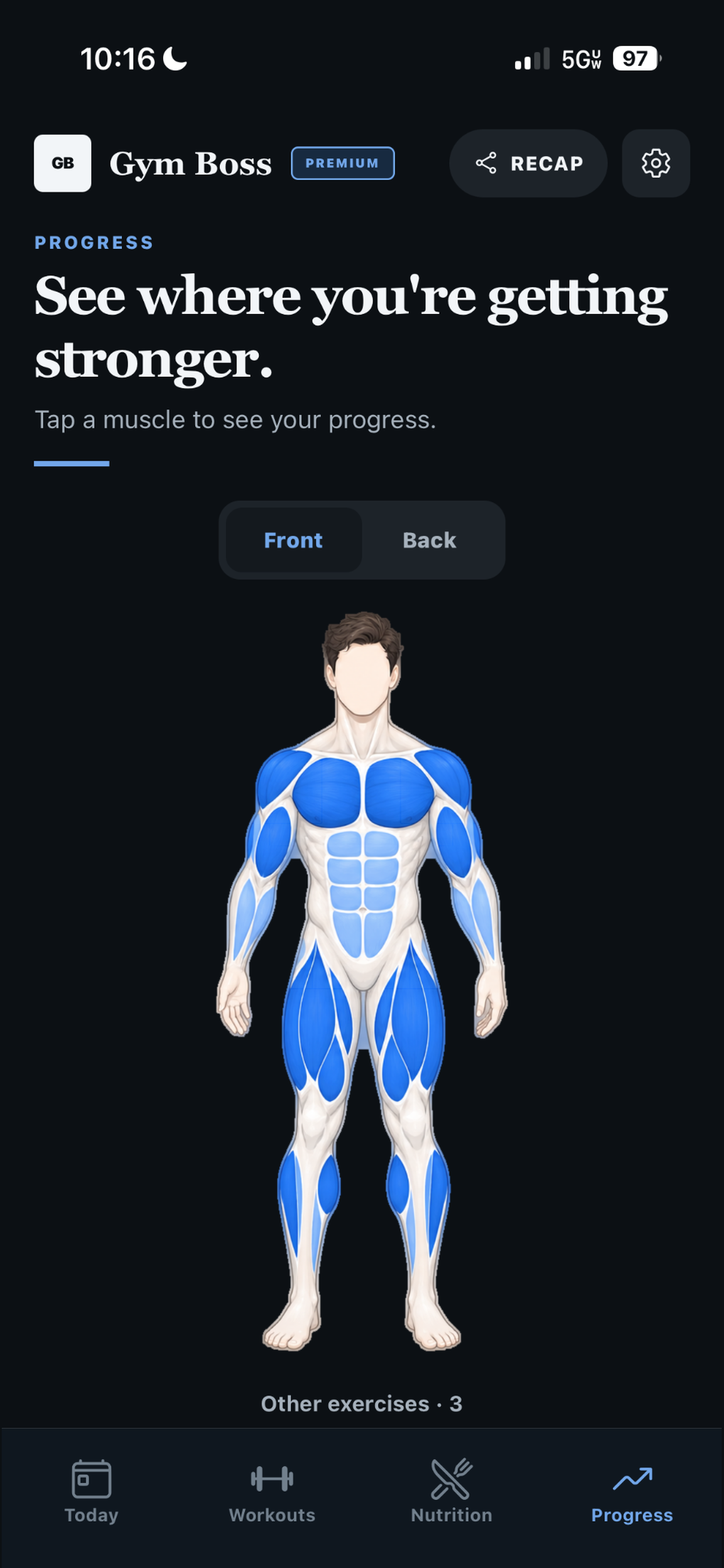 Gym Boss Progress screen showing the front strength body map