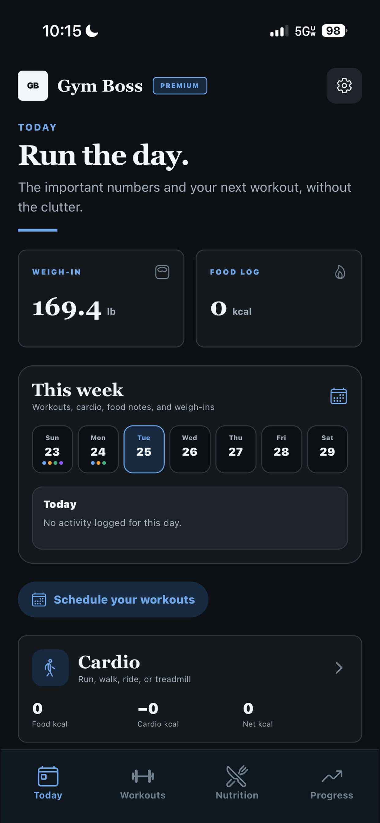 Gym Boss Today screen — weigh-in, food log, and this week's training at a glance
