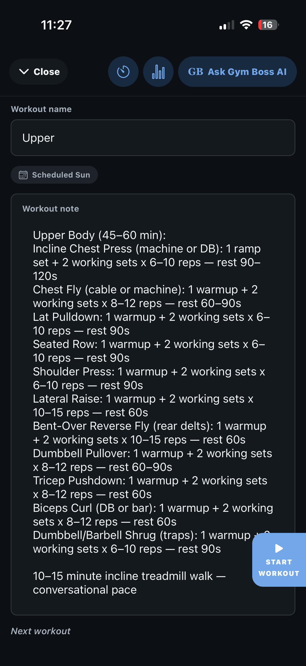 A real Gym Boss workout note, typed freeform and ready to start